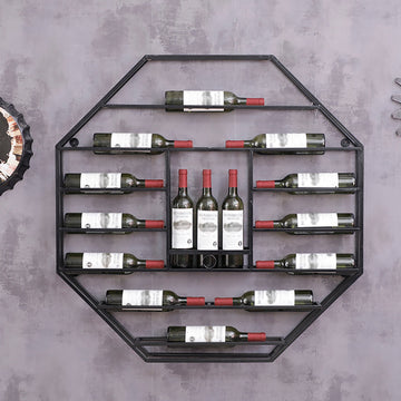 Industrial Black Octagonal Wall Mounted Wine Rack Wine Shelf in Steel